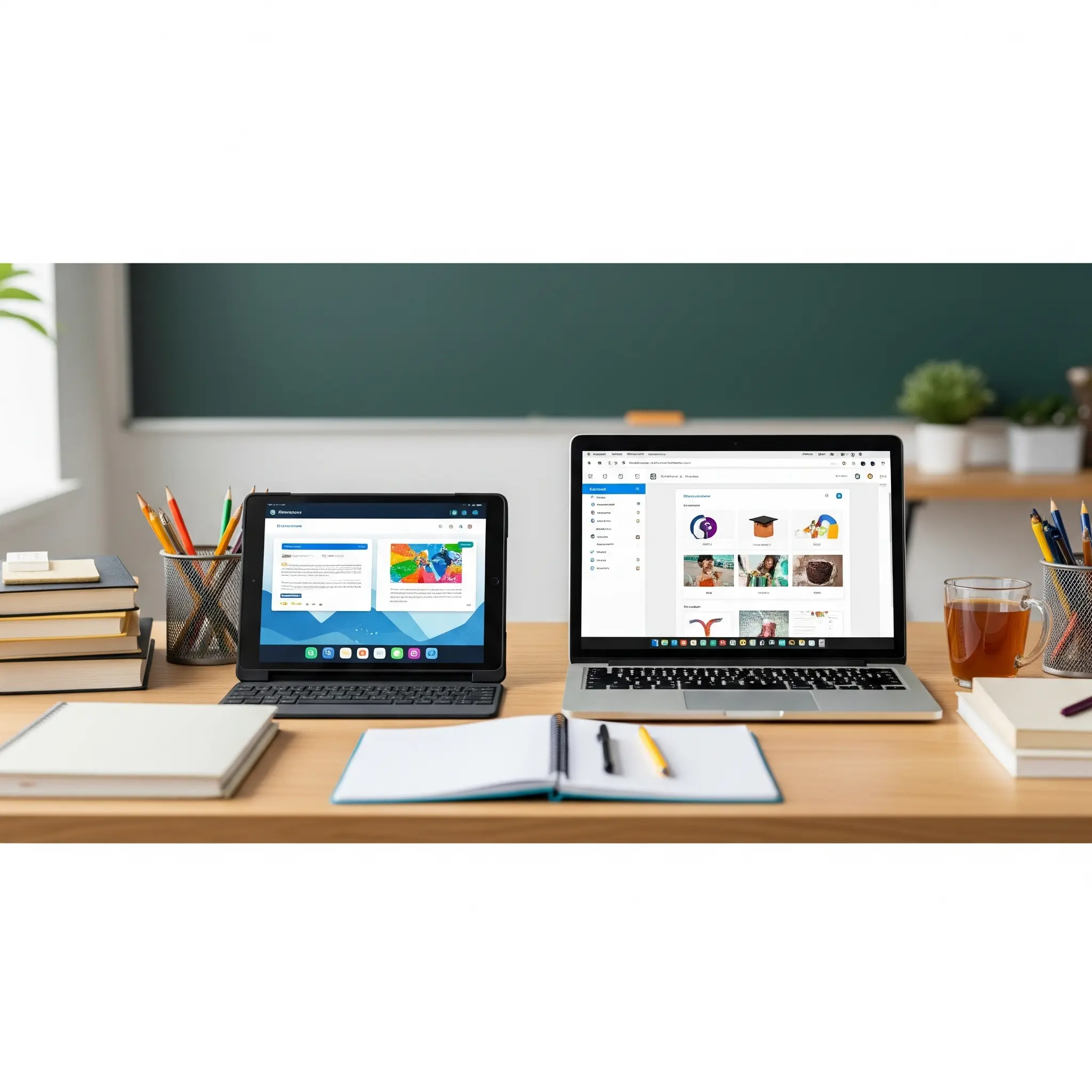 تصویر مقایسه‌ای یک تبلت و یک لپ‌تاپ روی میز کار یک معلم با لوگوی فروشگاه اقساطی فرهنگیان اپ بازار